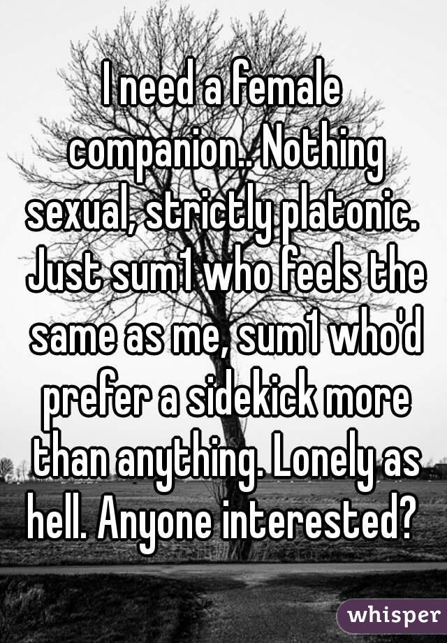 I need a female companion.. Nothing sexual, strictly platonic.  Just sum1 who feels the same as me, sum1 who'd prefer a sidekick more than anything. Lonely as hell. Anyone interested? 