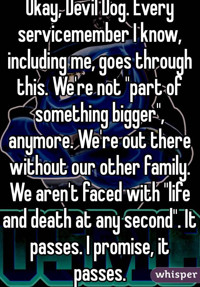 Okay, Devil Dog. Every servicemember I know, including me, goes through this. We're not "part of something bigger", anymore. We're out there without our other family. We aren't faced with "life and death at any second". It passes. I promise, it passes. 