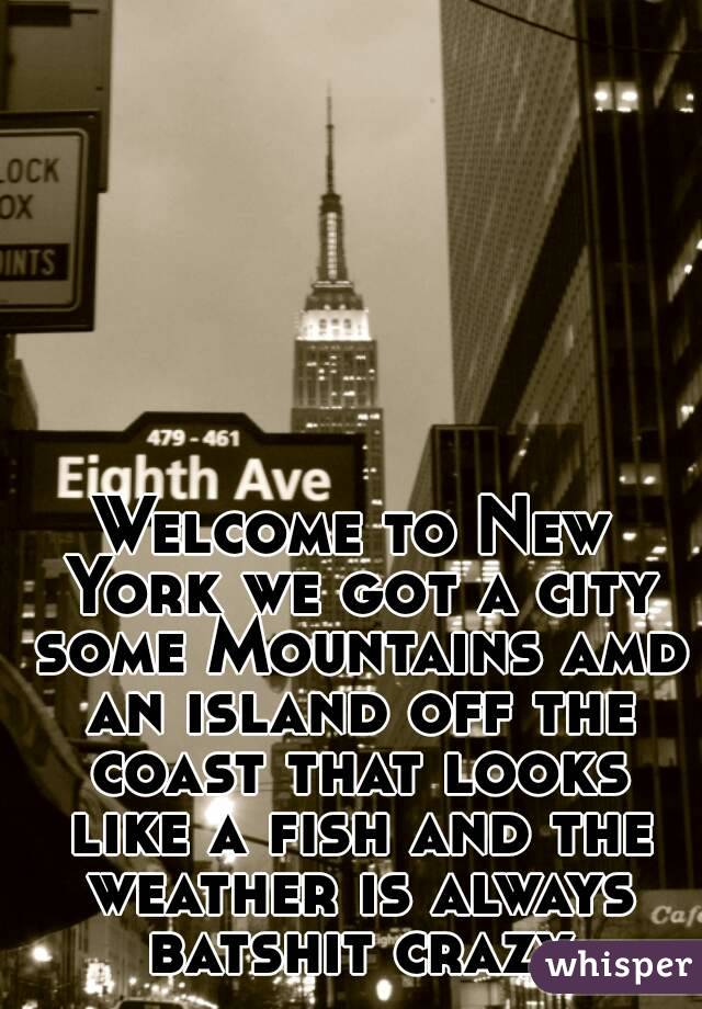 Welcome to New York we got a city some Mountains amd an island off the coast that looks like a fish and the weather is always batshit crazy