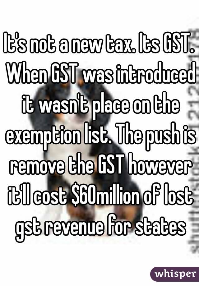 It's not a new tax. Its GST. When GST was introduced it wasn't place on the exemption list. The push is remove the GST however it'll cost $60million of lost gst revenue for states