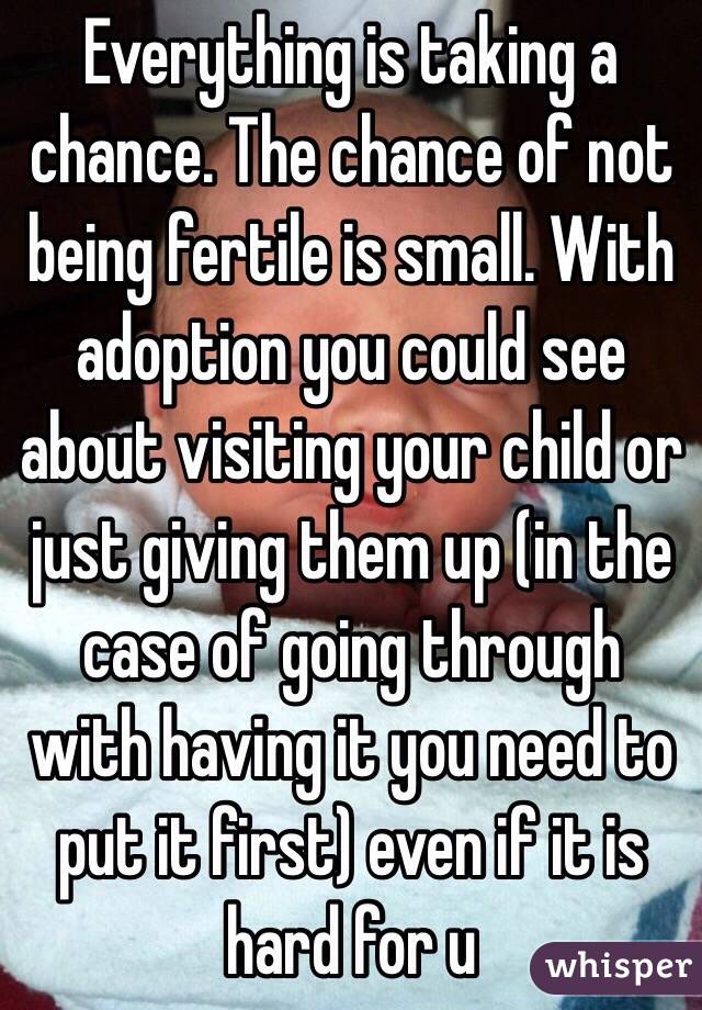 Everything is taking a chance. The chance of not being fertile is small. With adoption you could see about visiting your child or just giving them up (in the case of going through with having it you need to put it first) even if it is hard for u