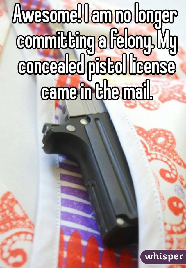 Awesome! I am no longer committing a felony. My concealed pistol license came in the mail.