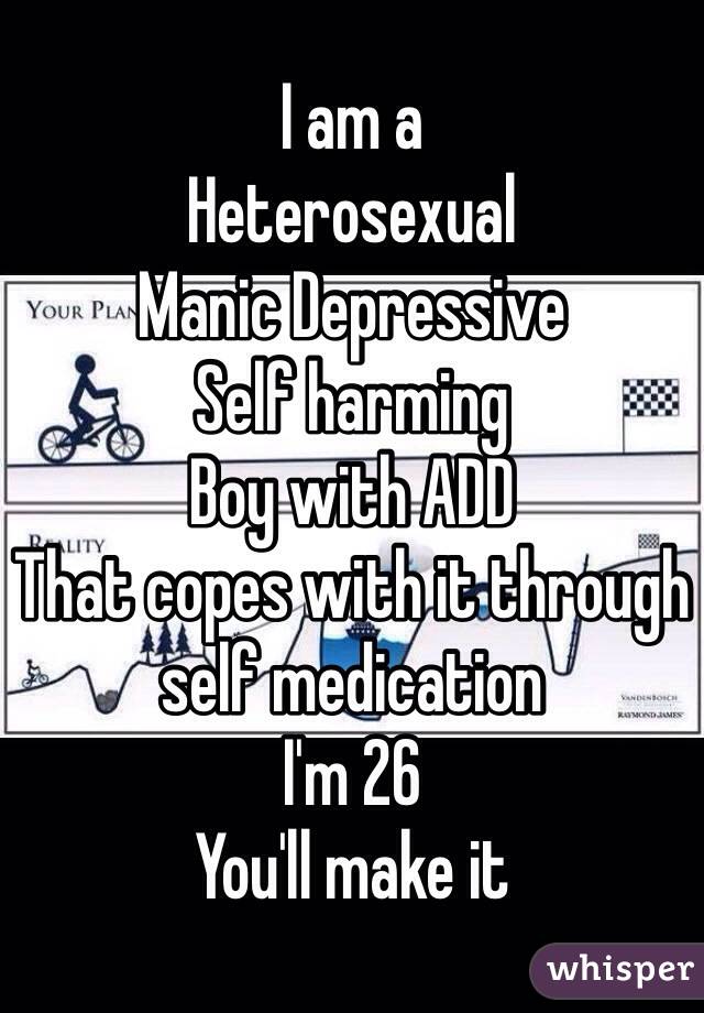 I am a
Heterosexual 
Manic Depressive
Self harming
Boy with ADD
That copes with it through self medication
I'm 26
You'll make it