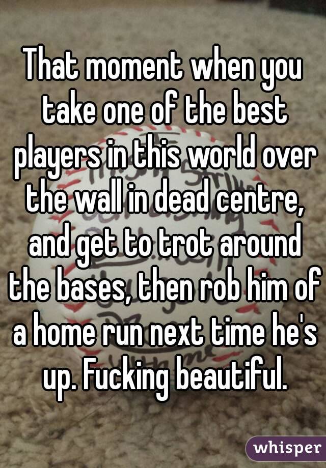 That moment when you take one of the best players in this world over the wall in dead centre, and get to trot around the bases, then rob him of a home run next time he's up. Fucking beautiful.