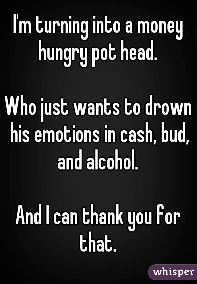 I'm turning into a money hungry pot head. 

Who just wants to drown his emotions in cash, bud, and alcohol. 

And I can thank you for that. 