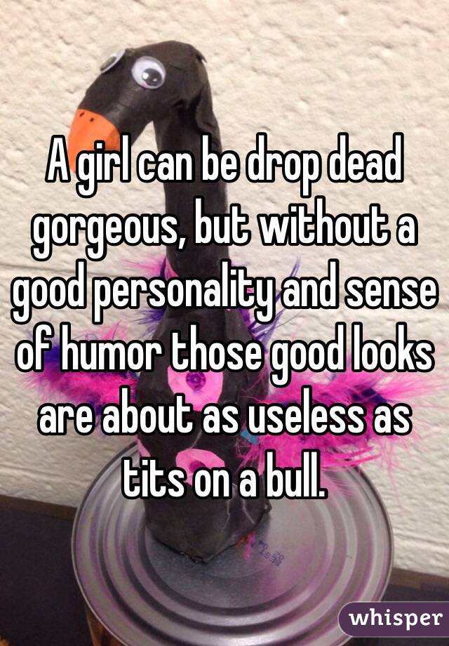 A girl can be drop dead gorgeous, but without a good personality and sense of humor those good looks are about as useless as tits on a bull. 
