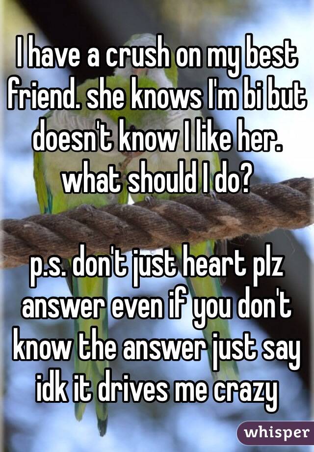 I have a crush on my best friend. she knows I'm bi but doesn't know I like her. what should I do?

p.s. don't just heart plz answer even if you don't know the answer just say idk it drives me crazy