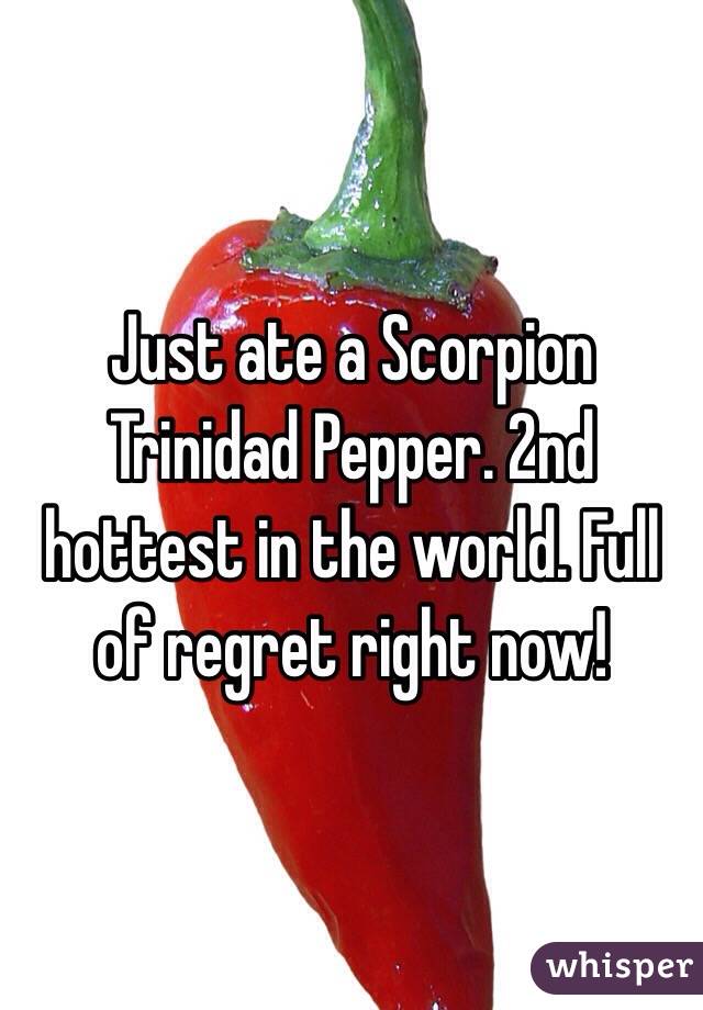 Just ate a Scorpion Trinidad Pepper. 2nd hottest in the world. Full of regret right now!