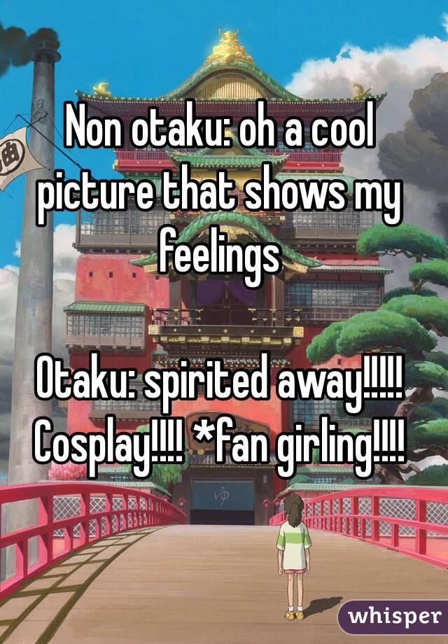 Non otaku: oh a cool picture that shows my feelings 

Otaku: spirited away!!!!!Cosplay!!!! *fan girling!!!!