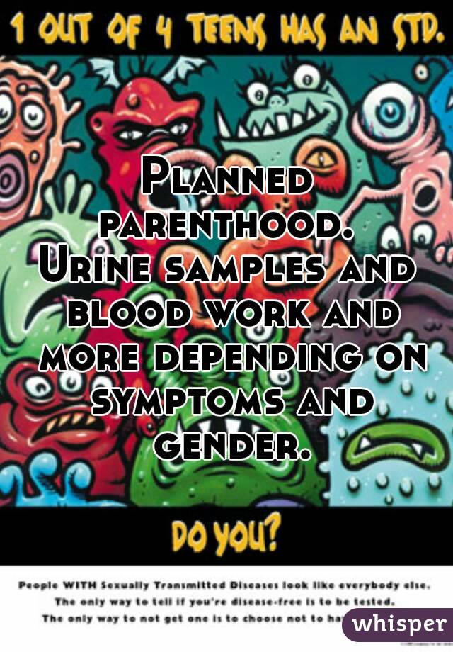 Planned parenthood. 
Urine samples and blood work and more depending on symptoms and gender.