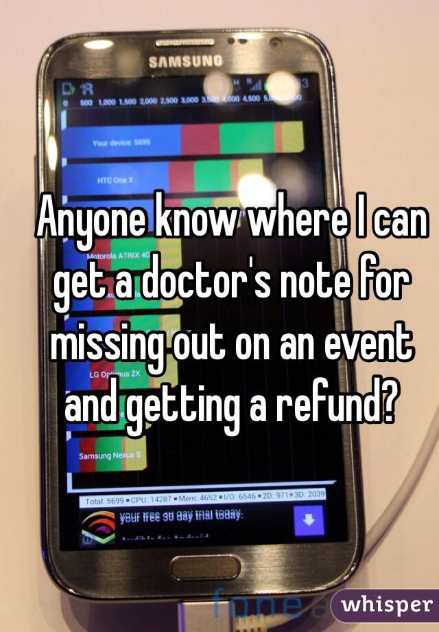 Anyone know where I can get a doctor's note for missing out on an event and getting a refund? 