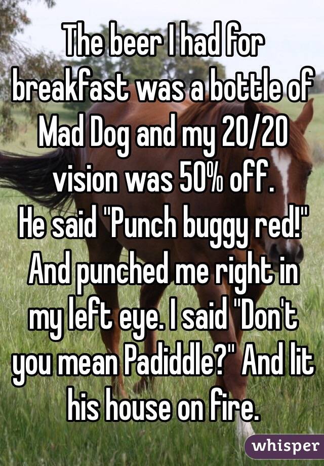 The beer I had for breakfast was a bottle of Mad Dog and my 20/20 vision was 50% off.
He said "Punch buggy red!" And punched me right in my left eye. I said "Don't you mean Padiddle?" And lit his house on fire.