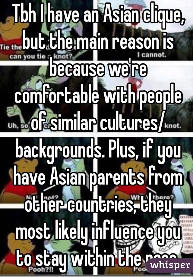 Tbh I have an Asian clique, but the main reason is because we're comfortable with people of similar cultures/backgrounds. Plus, if you have Asian parents from other countries, they most likely influence you to stay within the race.