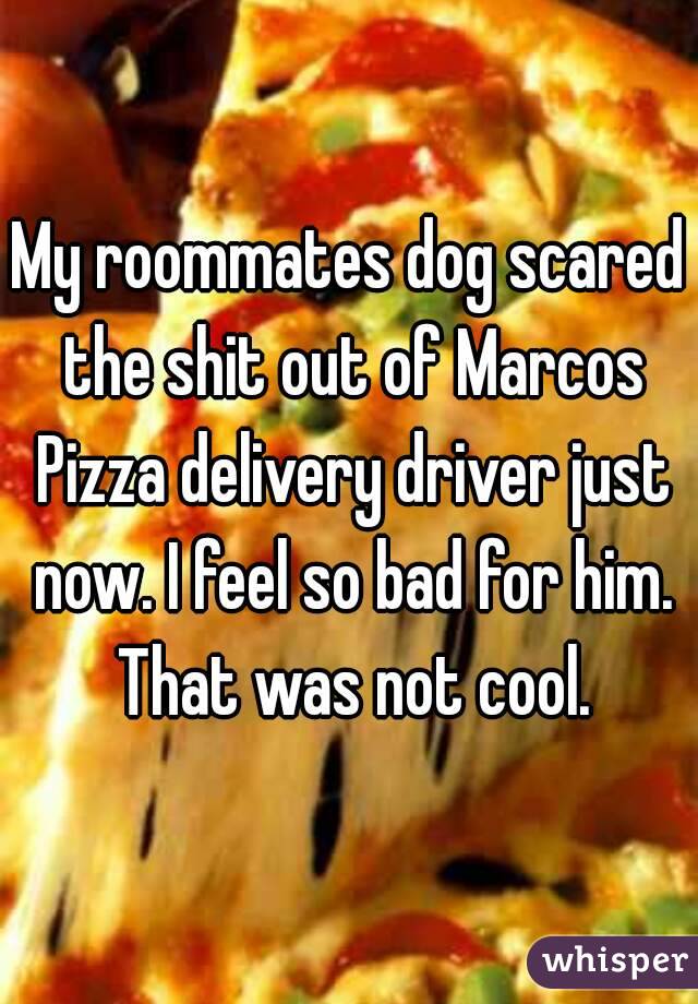 My roommates dog scared the shit out of Marcos Pizza delivery driver just now. I feel so bad for him. That was not cool.