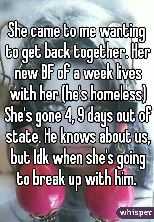 She came to me wanting to get back together. Her new BF of a week lives with her (he's homeless) She's gone 4, 9 days out of state. He knows about us, but Idk when she's going to break up with him. 