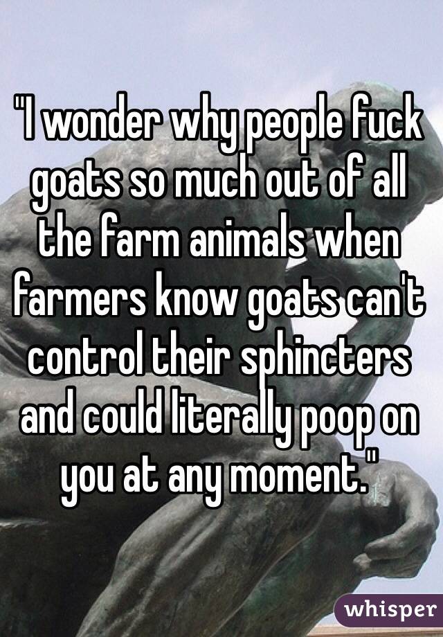 "I wonder why people fuck goats so much out of all the farm animals when farmers know goats can't control their sphincters and could literally poop on you at any moment."