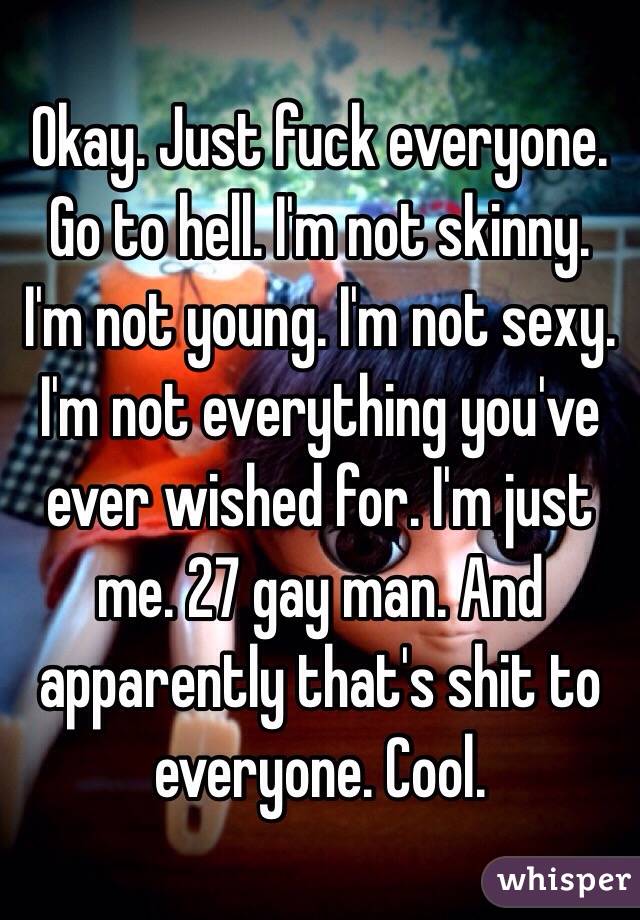 Okay. Just fuck everyone. 
Go to hell. I'm not skinny. I'm not young. I'm not sexy. I'm not everything you've ever wished for. I'm just me. 27 gay man. And apparently that's shit to everyone. Cool. 