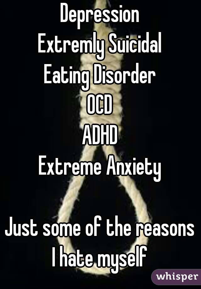 Depression
Extremly Suicidal
Eating Disorder
OCD
ADHD
Extreme Anxiety

Just some of the reasons
I hate myself