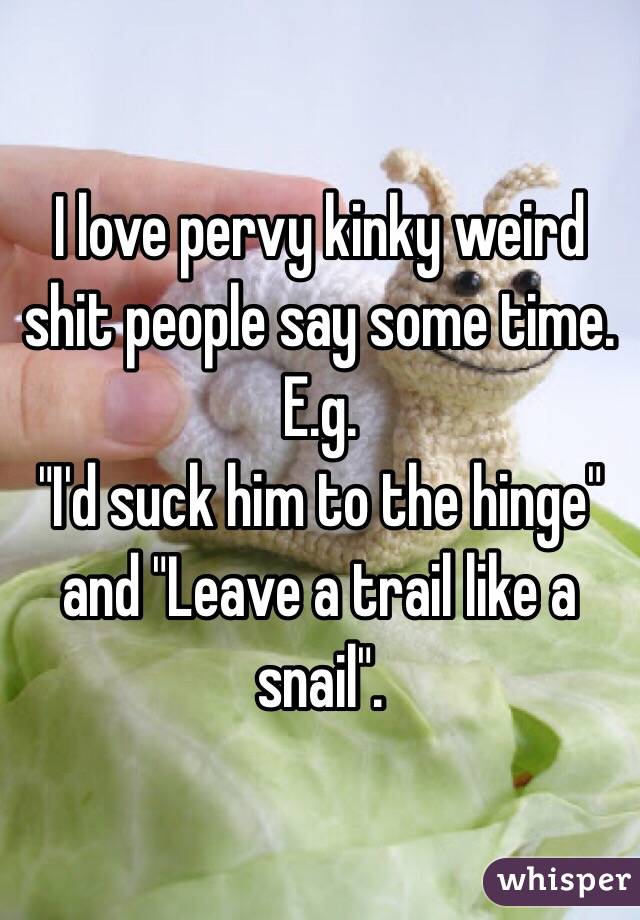 I love pervy kinky weird shit people say some time. E.g. 
"I'd suck him to the hinge" and "Leave a trail like a snail".