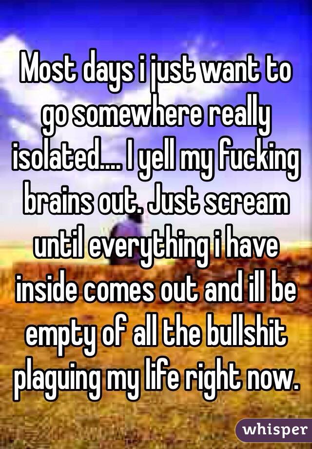 Most days i just want to go somewhere really isolated.... I yell my fucking brains out. Just scream until everything i have inside comes out and ill be empty of all the bullshit plaguing my life right now.
