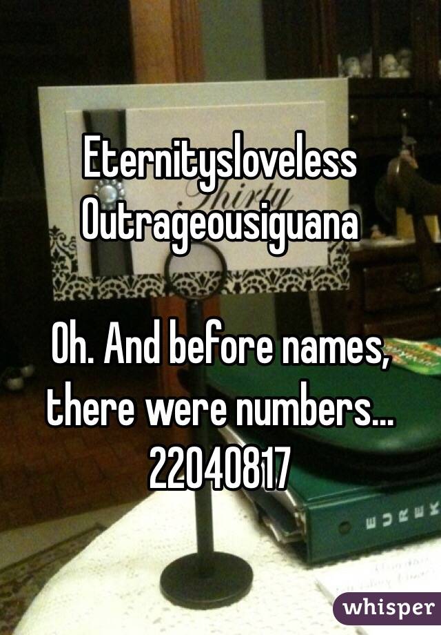 Eternitysloveless
Outrageousiguana

Oh. And before names, there were numbers... 22040817