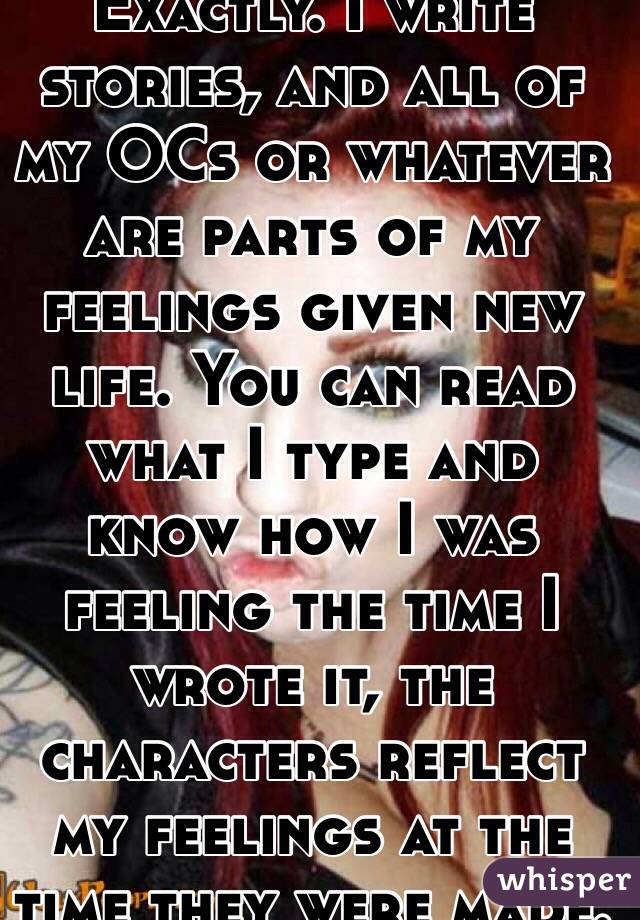 Exactly. I write stories, and all of my OCs or whatever are parts of my feelings given new life. You can read what I type and know how I was feeling the time I wrote it, the characters reflect my feelings at the time they were made.