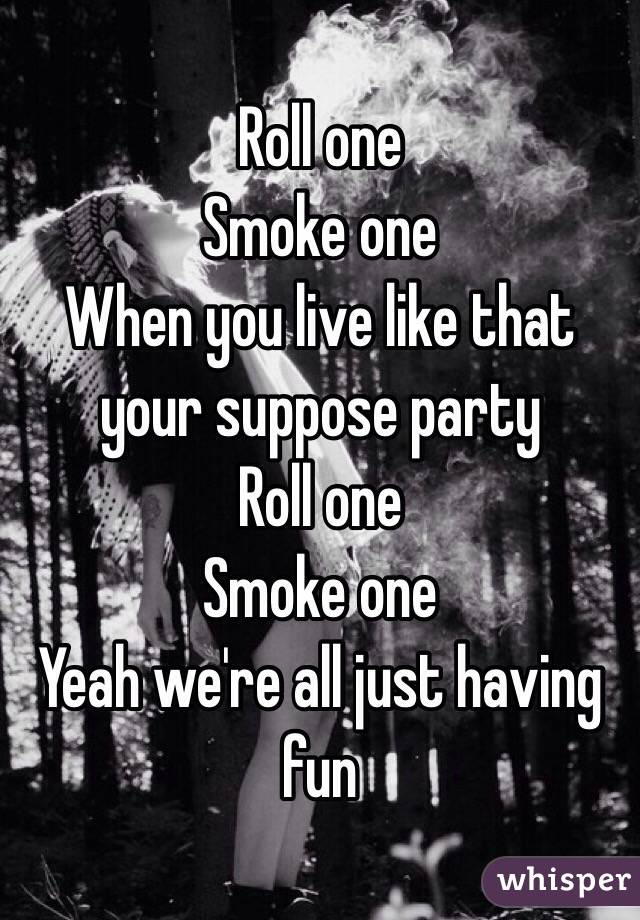 Roll one
Smoke one
When you live like that your suppose party
Roll one 
Smoke one
Yeah we're all just having fun 