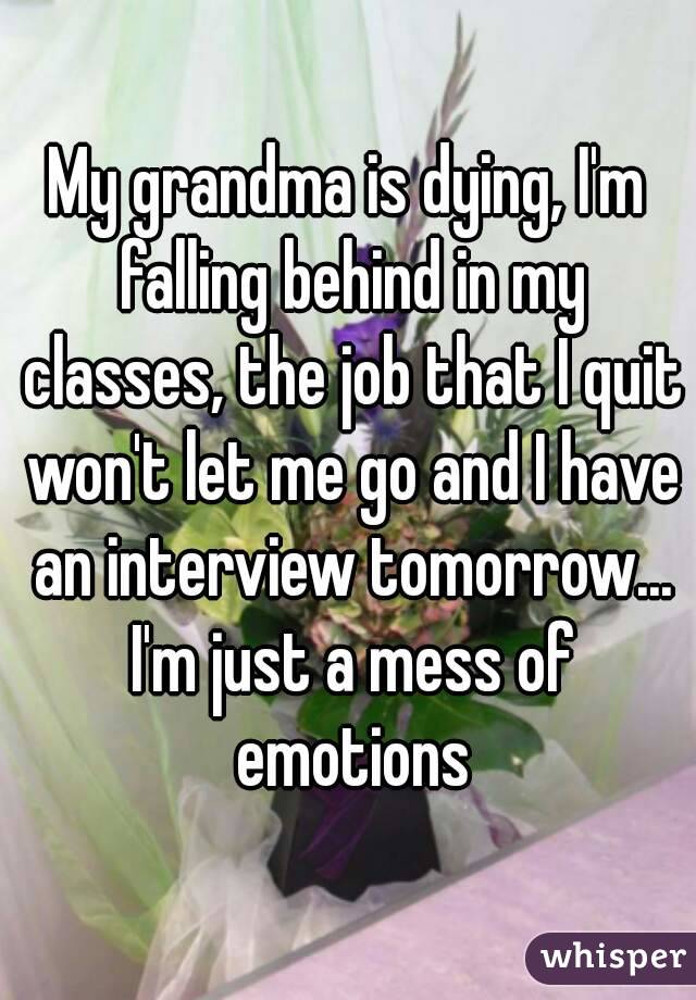 My grandma is dying, I'm falling behind in my classes, the job that I quit won't let me go and I have an interview tomorrow... I'm just a mess of emotions