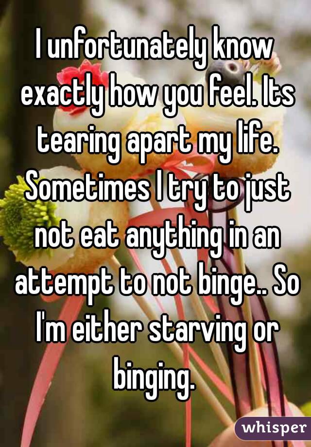 I unfortunately know exactly how you feel. Its tearing apart my life. Sometimes I try to just not eat anything in an attempt to not binge.. So I'm either starving or binging. 