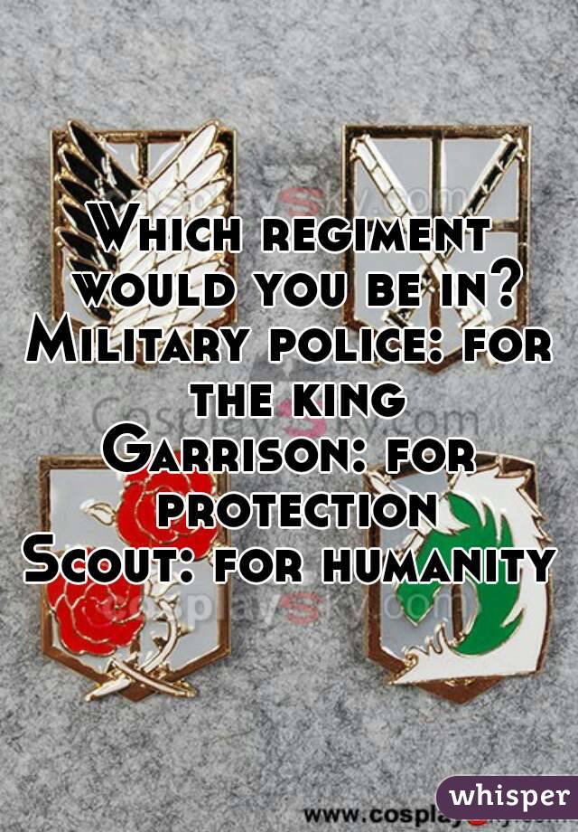 Which regiment would you be in?
Military police: for the king
Garrison: for protection
Scout: for humanity