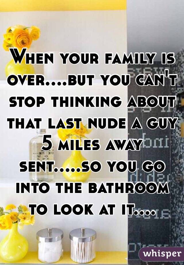 When your family is over....but you can't stop thinking about that last nude a guy 5 miles away sent.....so you go into the bathroom to look at it....