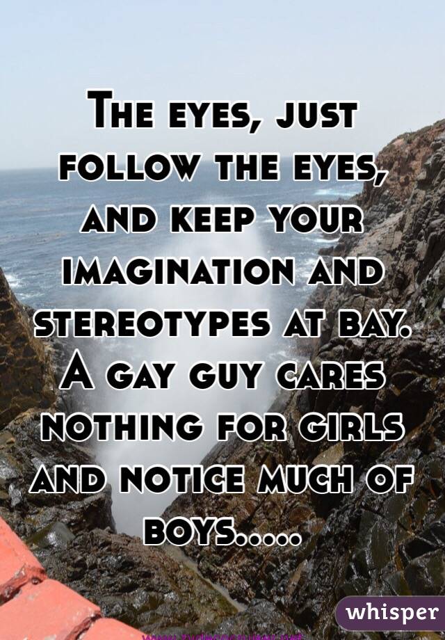 The eyes, just follow the eyes,
 and keep your imagination and stereotypes at bay.
A gay guy cares nothing for girls
and notice much of boys.....