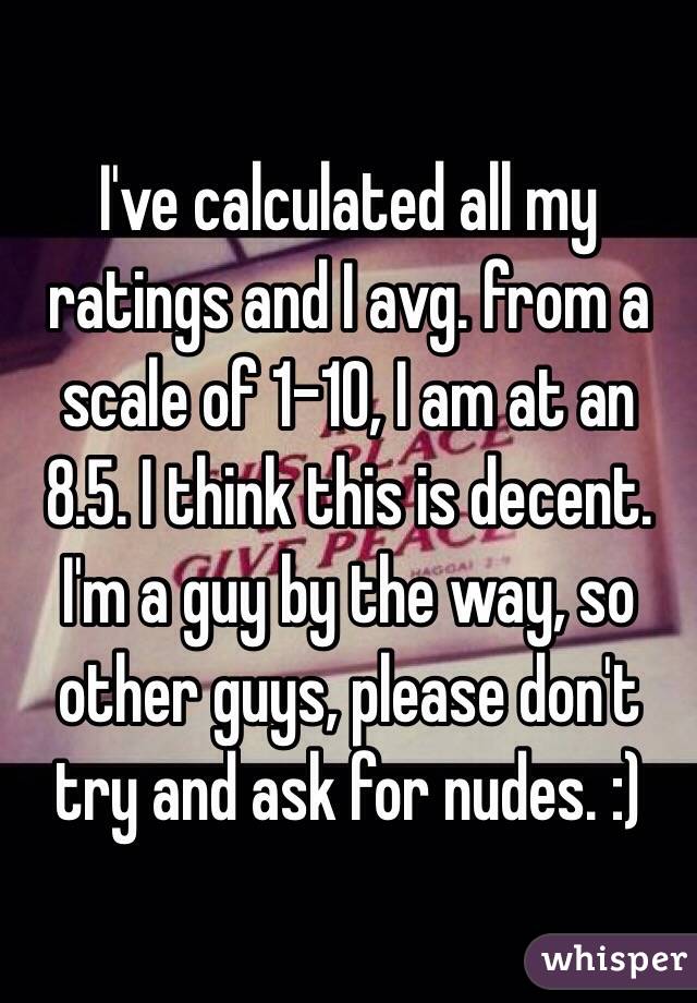 I've calculated all my ratings and I avg. from a scale of 1-10, I am at an 8.5. I think this is decent. I'm a guy by the way, so other guys, please don't try and ask for nudes. :)