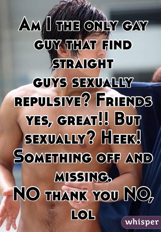 Am I the only gay guy that find straight 
guys sexually repulsive? Friends yes, great!! But sexually? Heek!
Something off and missing.
NO thank you NO, lol