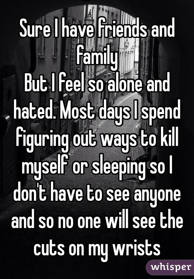 Sure I have friends and family 
But I feel so alone and hated. Most days I spend figuring out ways to kill myself or sleeping so I don't have to see anyone and so no one will see the cuts on my wrists