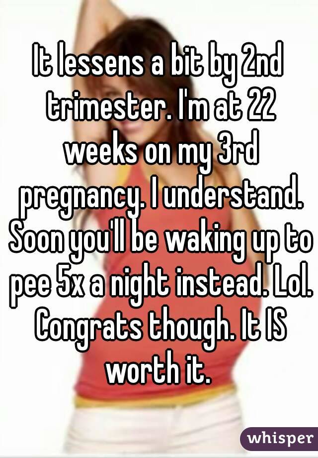 It lessens a bit by 2nd trimester. I'm at 22 weeks on my 3rd pregnancy. I understand. Soon you'll be waking up to pee 5x a night instead. Lol. Congrats though. It IS worth it. 