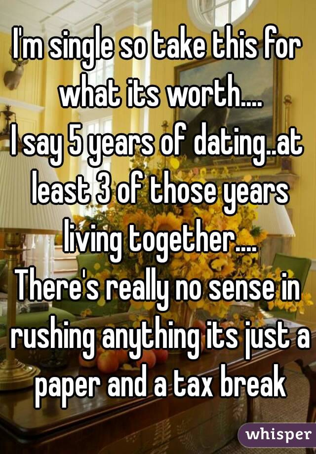 I'm single so take this for what its worth....
I say 5 years of dating..at least 3 of those years living together....
There's really no sense in rushing anything its just a paper and a tax break
