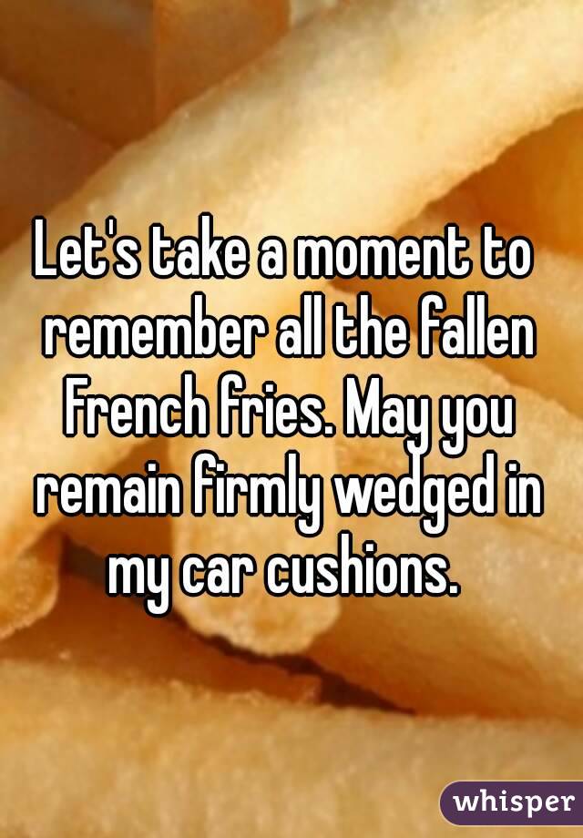 

Let's take a moment to remember all the fallen French fries. May you remain firmly wedged in my car cushions. 