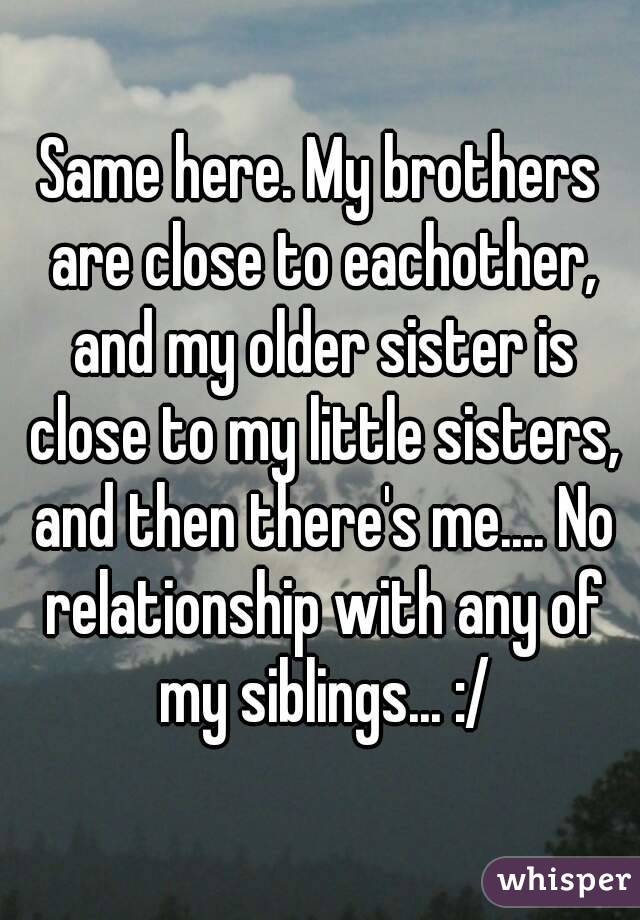 Same here. My brothers are close to eachother, and my older sister is close to my little sisters, and then there's me.... No relationship with any of my siblings... :/