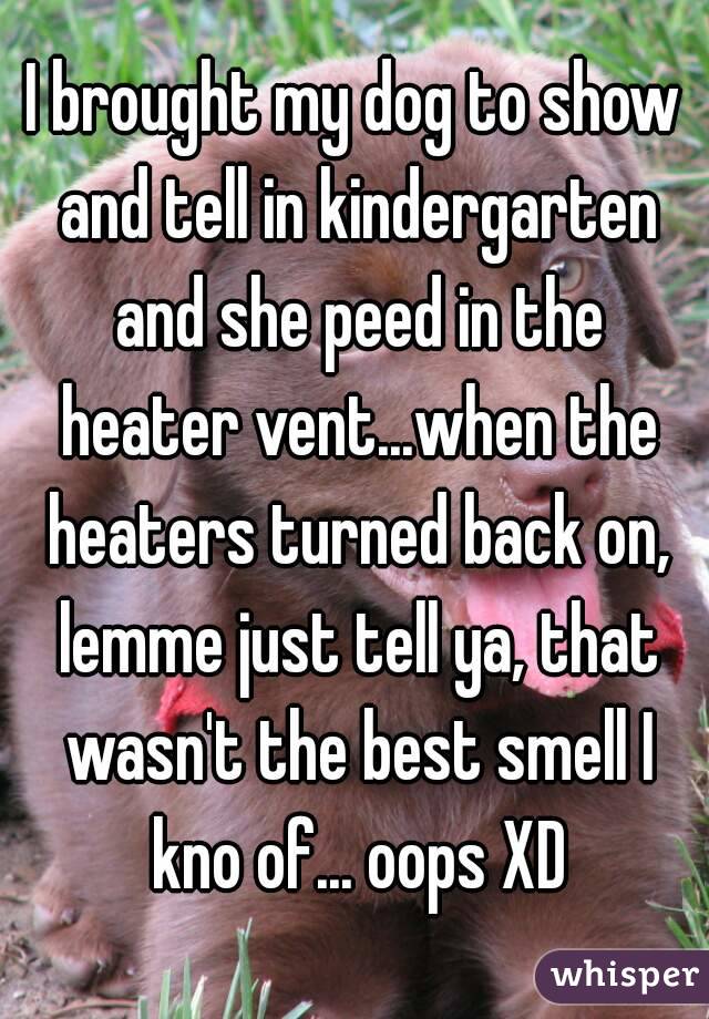 I brought my dog to show and tell in kindergarten and she peed in the heater vent...when the heaters turned back on, lemme just tell ya, that wasn't the best smell I kno of... oops XD