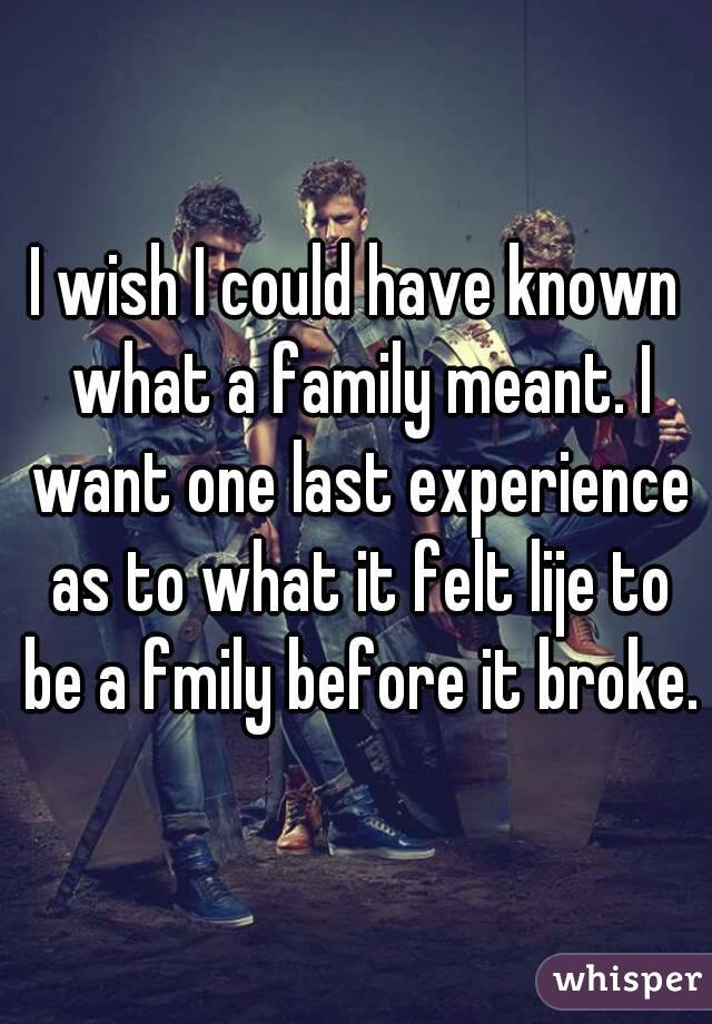 I wish I could have known what a family meant. I want one last experience as to what it felt lije to be a fmily before it broke.