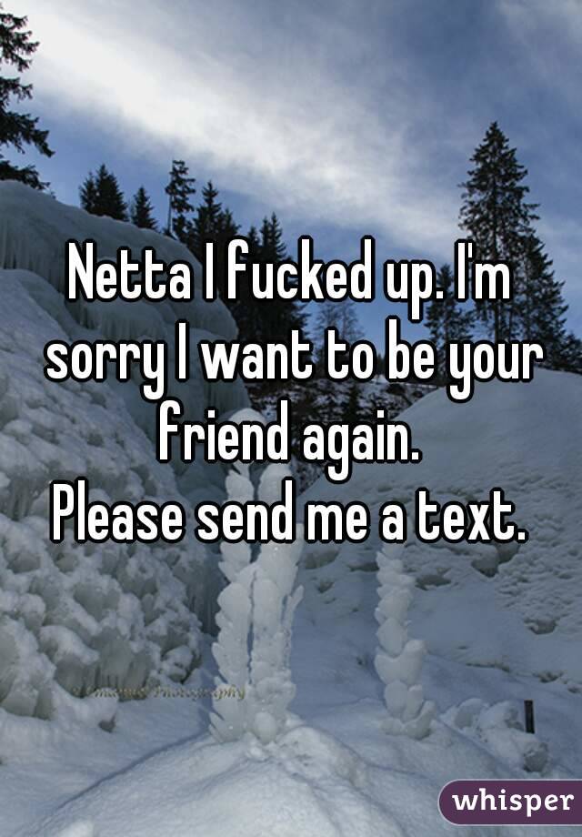 Netta I fucked up. I'm sorry I want to be your friend again. 
Please send me a text.