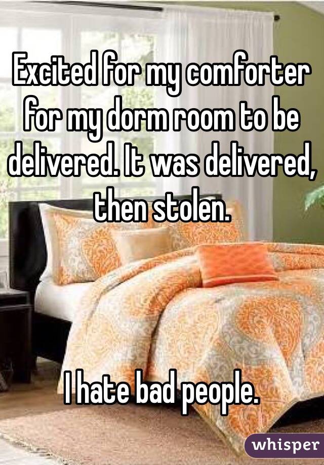 Excited for my comforter for my dorm room to be delivered. It was delivered, then stolen.



I hate bad people.