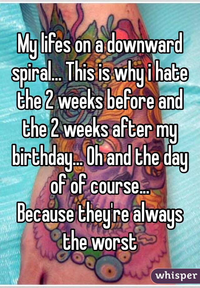 My lifes on a downward spiral... This is why i hate the 2 weeks before and the 2 weeks after my birthday... Oh and the day of of course...
Because they're always the worst