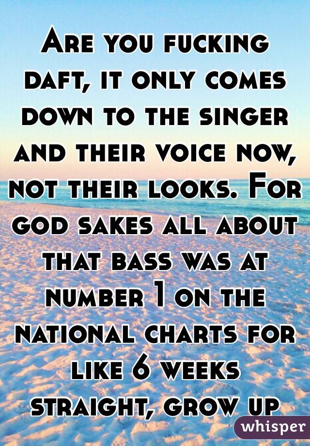 Are you fucking daft, it only comes down to the singer and their voice now, not their looks. For god sakes all about that bass was at number 1 on the national charts for like 6 weeks straight, grow up