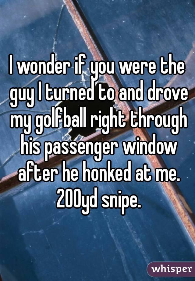 I wonder if you were the guy I turned to and drove my golfball right through his passenger window after he honked at me. 200yd snipe.
