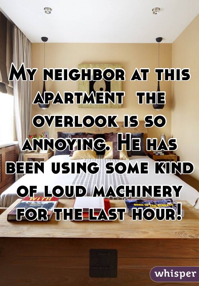 My neighbor at this apartment  the overlook is so annoying. He has been using some kind of loud machinery for the last hour!