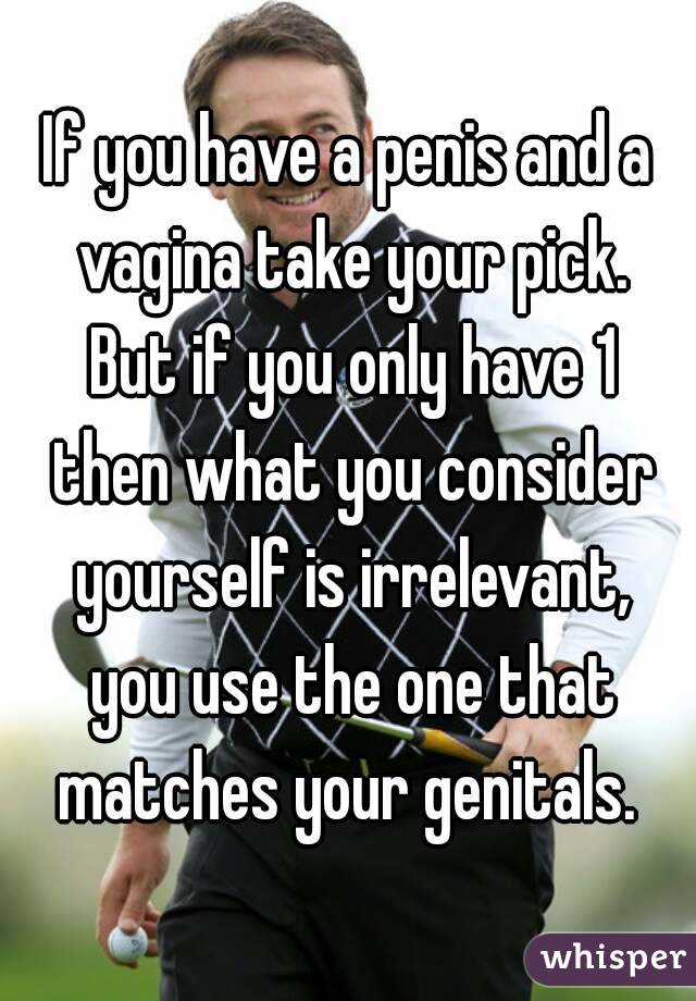If you have a penis and a vagina take your pick. But if you only have 1 then what you consider yourself is irrelevant, you use the one that matches your genitals. 