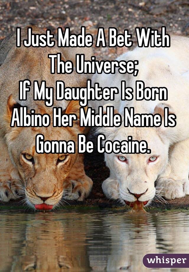 I Just Made A Bet With The Universe;
If My Daughter Is Born Albino Her Middle Name Is Gonna Be Cocaine. 