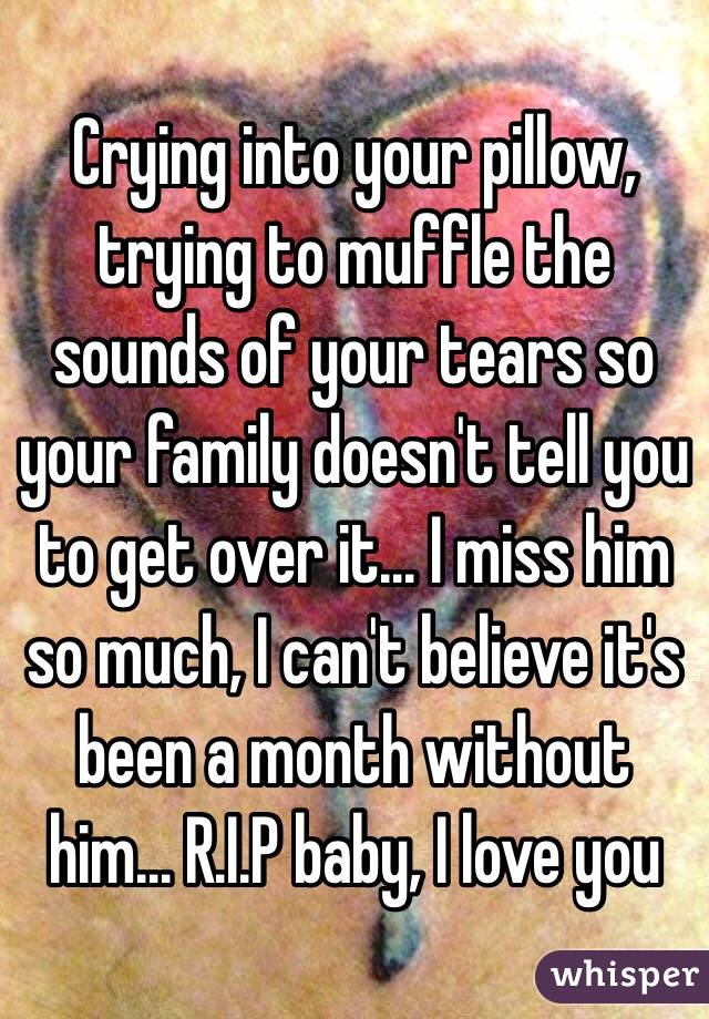 Crying into your pillow, trying to muffle the sounds of your tears so your family doesn't tell you to get over it... I miss him so much, I can't believe it's been a month without him... R.I.P baby, I love you 